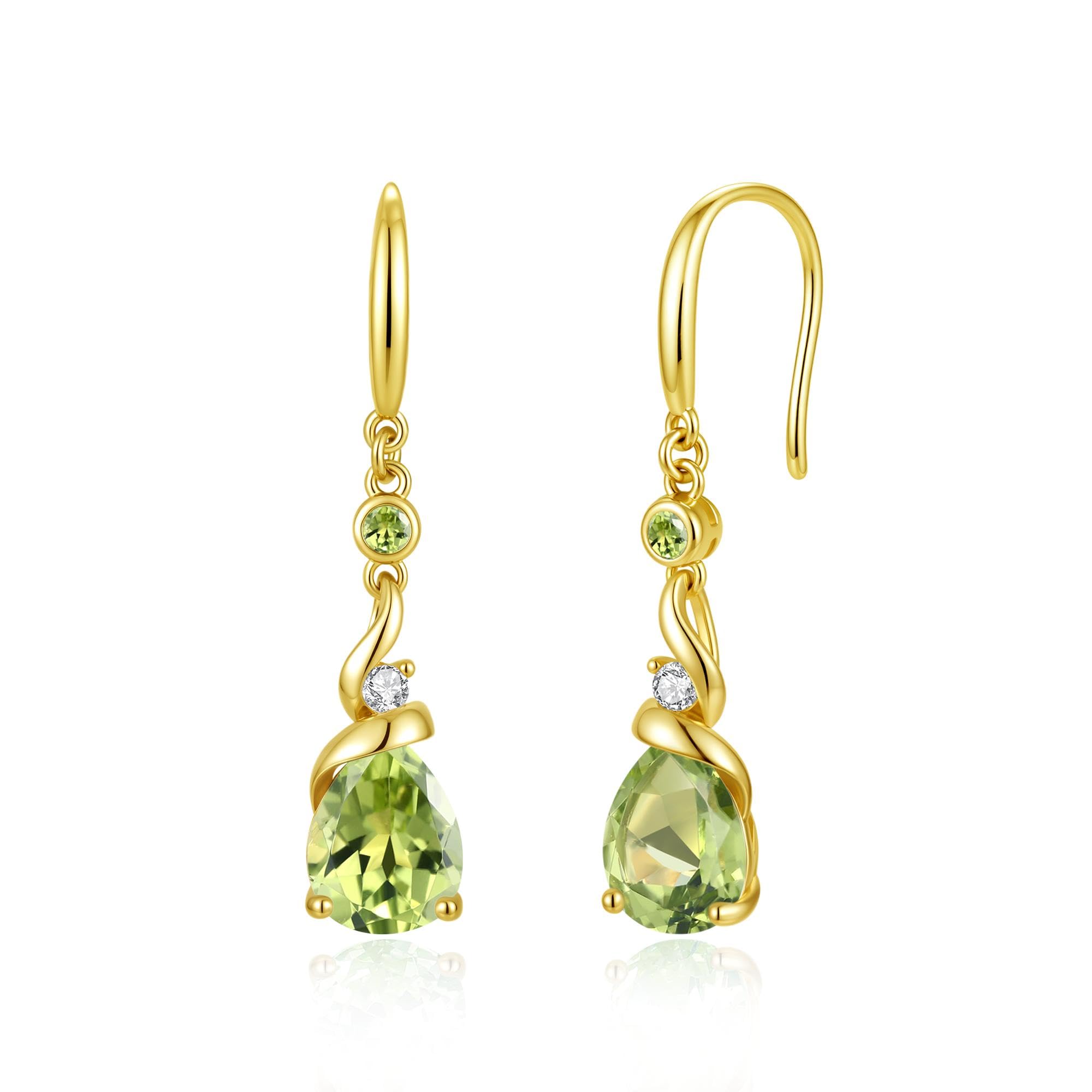 FANCIME 14K Gold Plated Sterling Silver Pear Peridot Dangle Earrings August Birthstone Drop Earrings Fine Jewelry Birthday Gifts for Women Mom Her