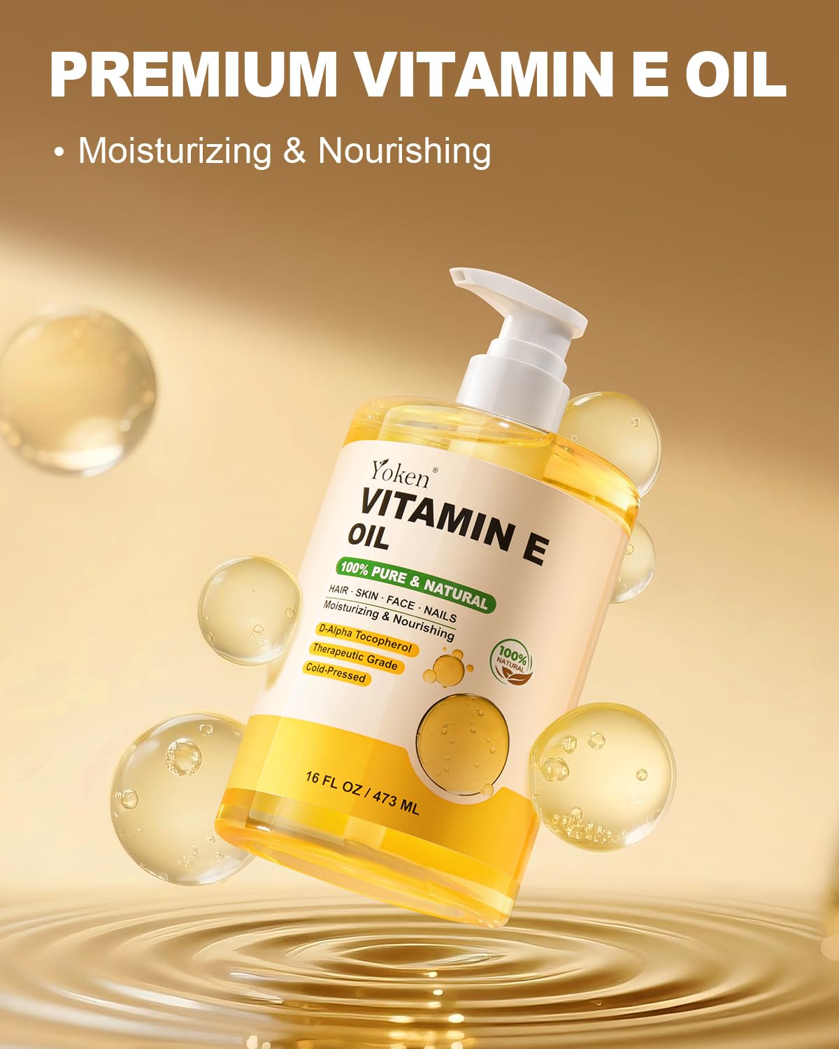 Yoken Aceite de vitamina E para la piel, 16 onzas, aceites de baño corporal para rostro prensado en frío | Pure D-Alpha Tocoferol Liquid Vitamina Nails Vit e Women Hidratante Piel Seca Sin Perfume Aceite Hidratante Sin Hexano