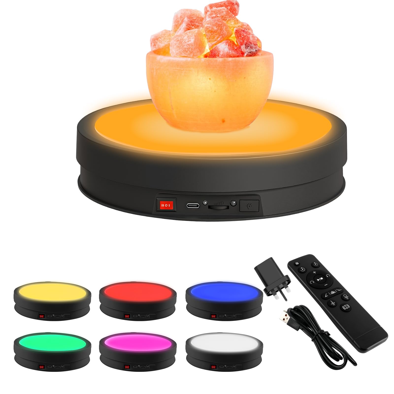 luolety Electric Motorized Rotating Turntable, 360° Display Stand with LED 6 Colors, Remote Control Photography Turntable Adjustable Direction, Speed for Product Display Video, 20KG Load (Black,22CM)