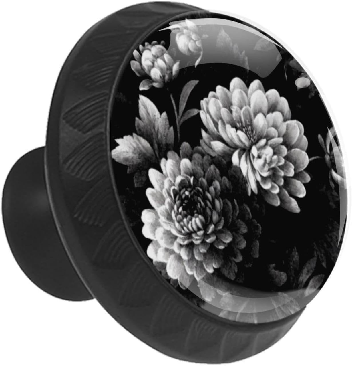 Black Black White Floral Flower (1) Round Cabinet Knobs, Furniture Hardware with Long & Short Screws for Household Use