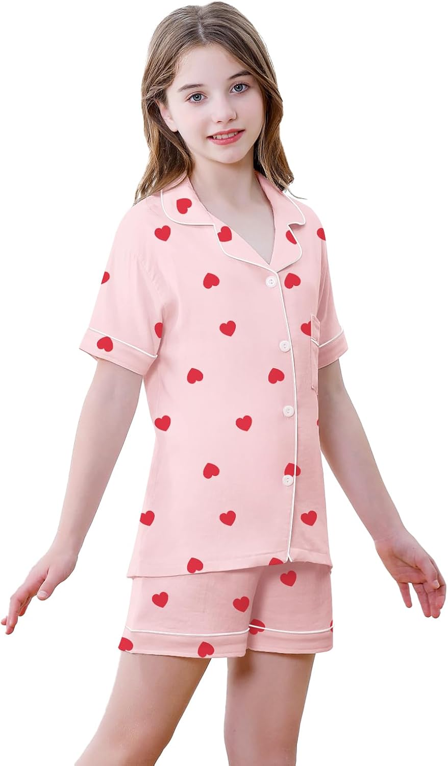 Schbbbta Girls Button Down Pajamas Set Kids 2 Piece Bamboo Viscose Cotton Short Sleeve Pjs Soft Sleepwear Loungewear - Image 5