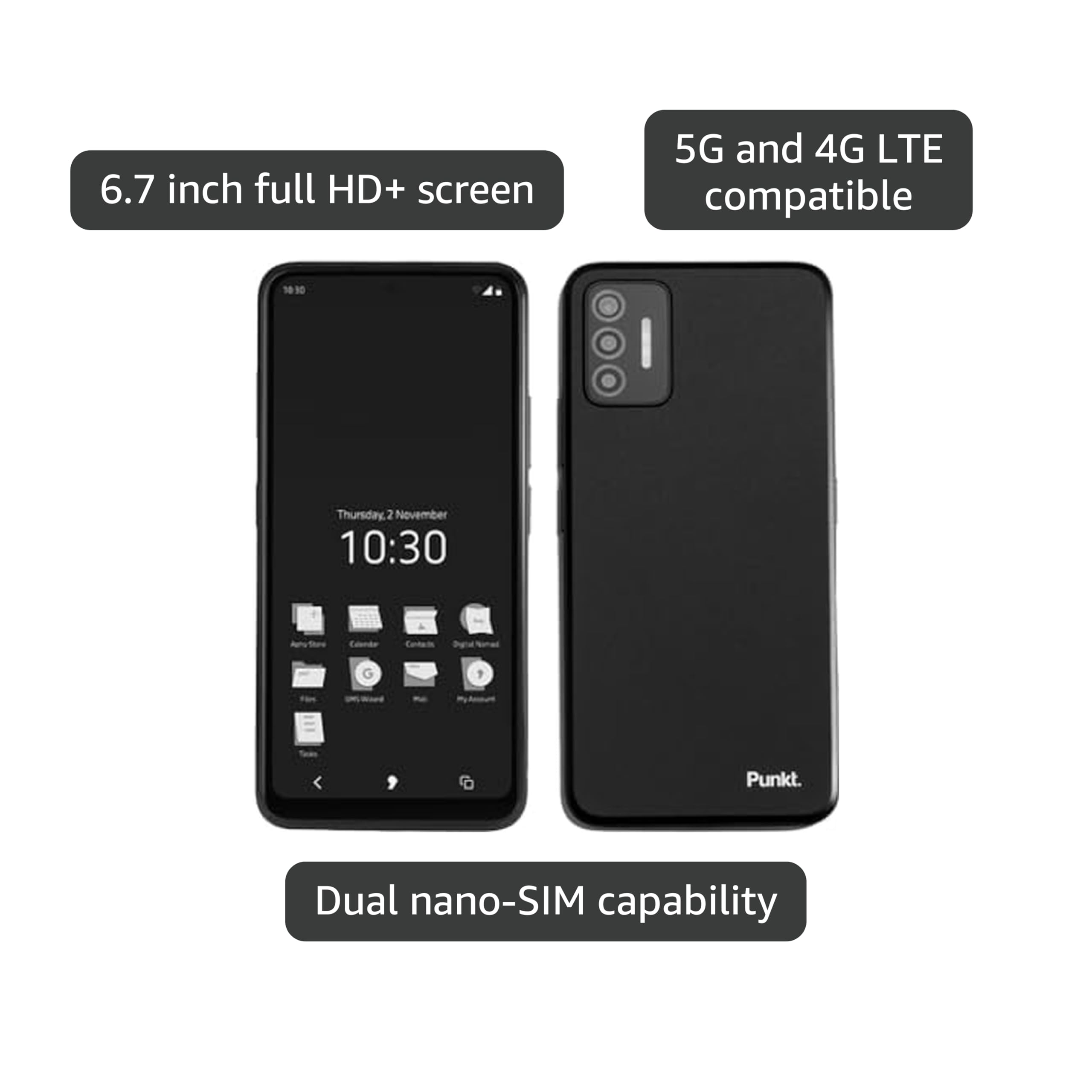 Punkt. MC02 Smartphone - Unlocked Cell Phone with Built-in VPN for Digital Security & Data Privacy Software, 4K Video & 64 MP Camera, 5G & 4G LTE, 128GB, WiFi, Bluetooth - Black