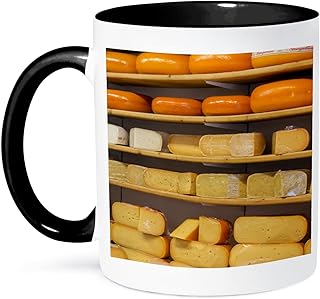 3dRose Netherlands, Amsterdam. A variety of cheeses in a shop in Amsterdam. 11oz Two-Tone Black Mug