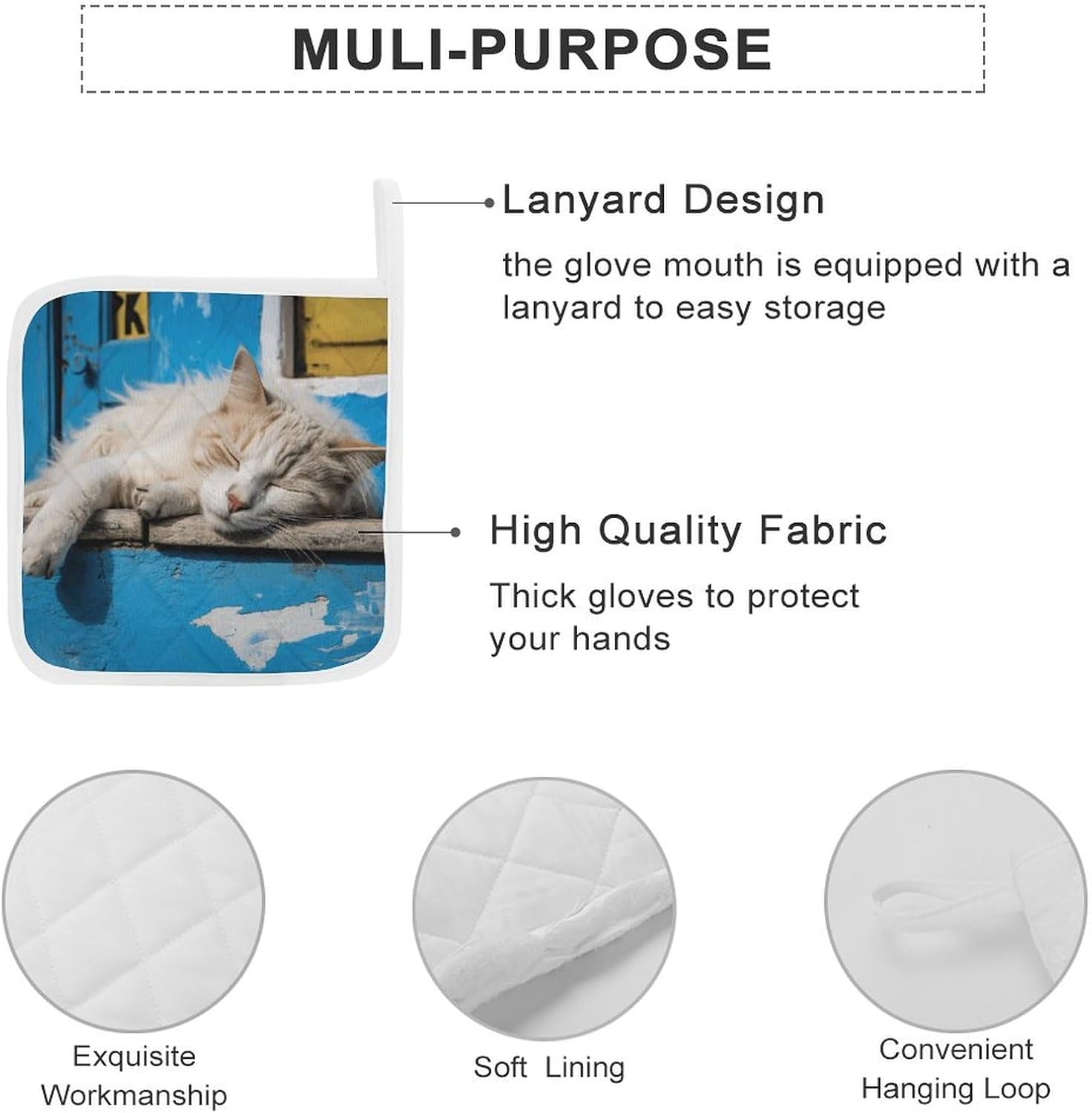 Square Potholders 2-Piece Set,Sleeping Little Cat Printed Kitchen Insulation Mats Heat-Resistant Non-Slip Insulation Mats with Hanging Rings for Kitchen Cooking Baking BBQ