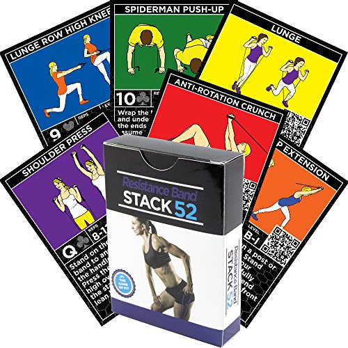 Stack 52 Resistance Band Exercise Cards. Exercise Band Workout Playing Card Game. Video Instructions Included. Home Fitness Training Program for Elastic Rubber Stretch Band Sets. (Original Deck)
