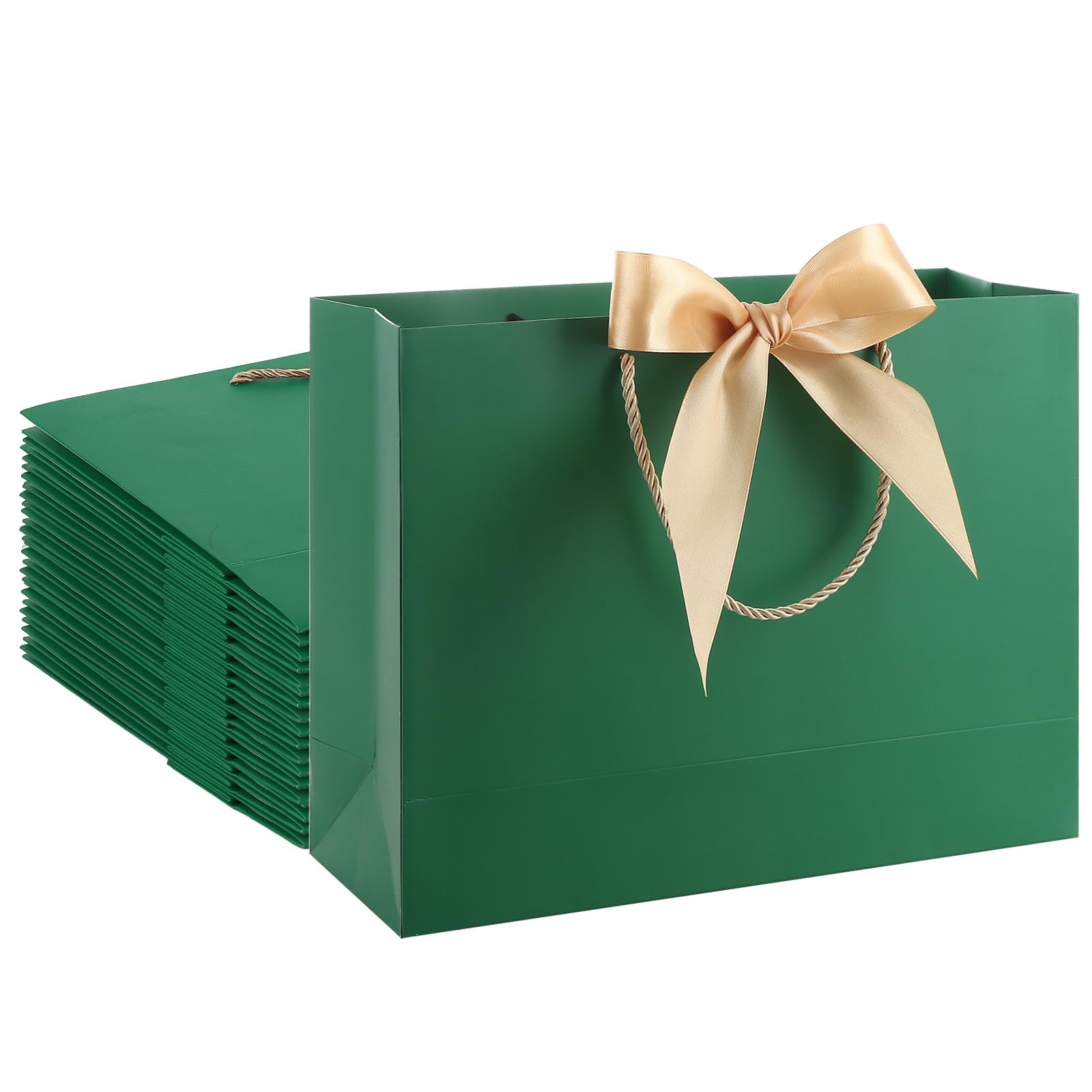 LDXDRU 30 Piece Green Gift Bags, 32 x 25 x 11cm Dark Green Paper Gift Bags with Handles, Medium Gift Bag with Bow Ribbon for Christmas Birthday Wedding