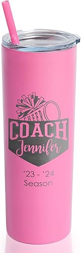 Lifetime Creations Vaso de entrenador de porristas personalizado grabado con popote de 20 onzas (rosa)  Vaso de agua grabado personalizado para