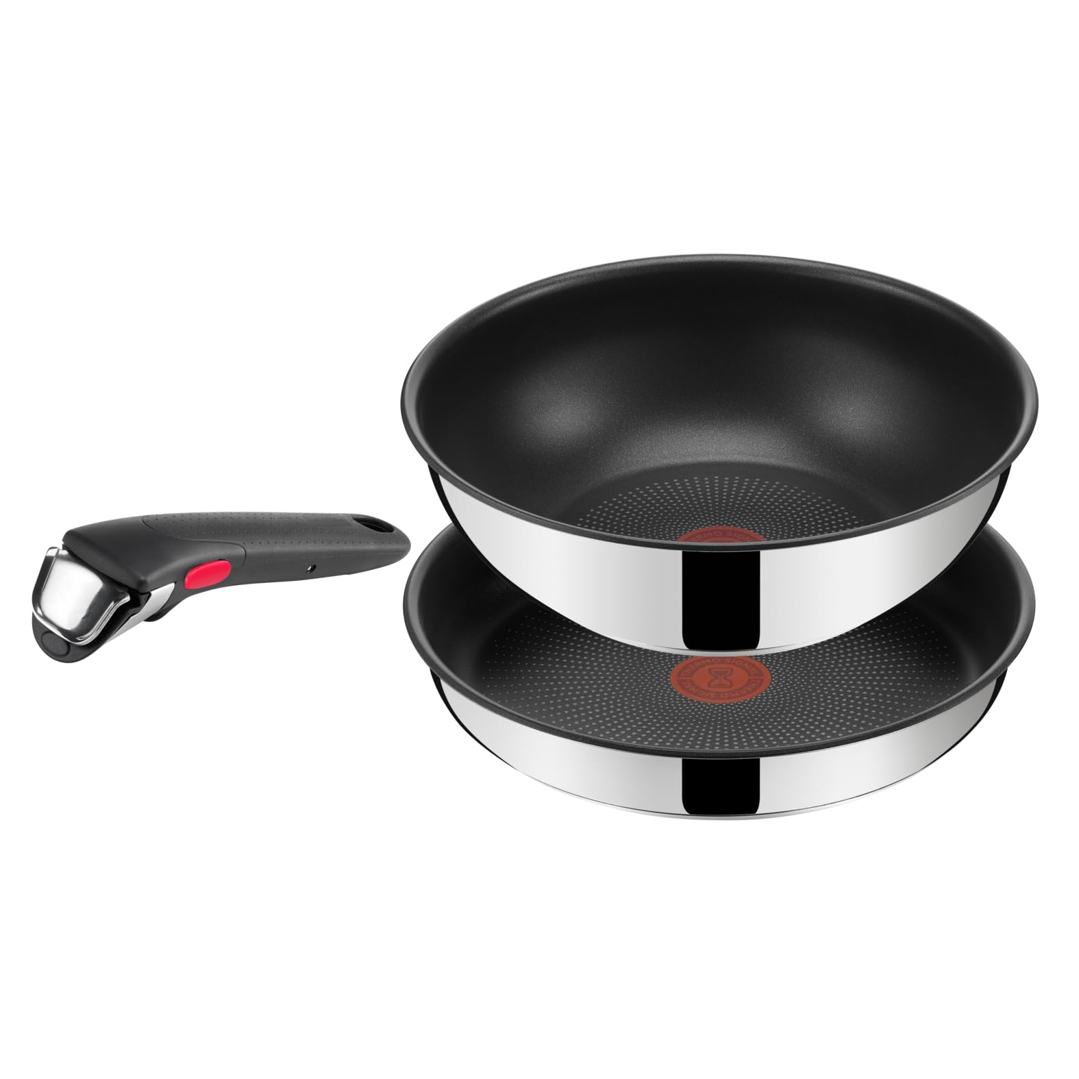 Lagostina Ingenio Inox, Set 3 Pezzi, Padella da 24 cm e Wok da 26 cm in Acciaio Inox, Rivestimento Antiaderente, Manico Rimovibile, Salvaspazio, Adatto a Tutte le Fonti di Calore, Inclusa Induzione