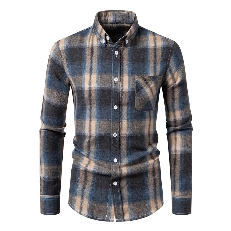 Mens Casual Button Down Shirts Lapel Regular Fit Shirt Long Sleeve Plaid Flannel Shirt