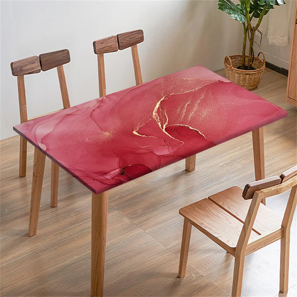 FANSU Tablecloth Picnic Bench Covers Tablecloth Elastic Fitted Table Cloth Waterproof Stain-Resistant Marble Tablecloths Square Rectangle for Outdoor Camping Party (120x120cm,Red)