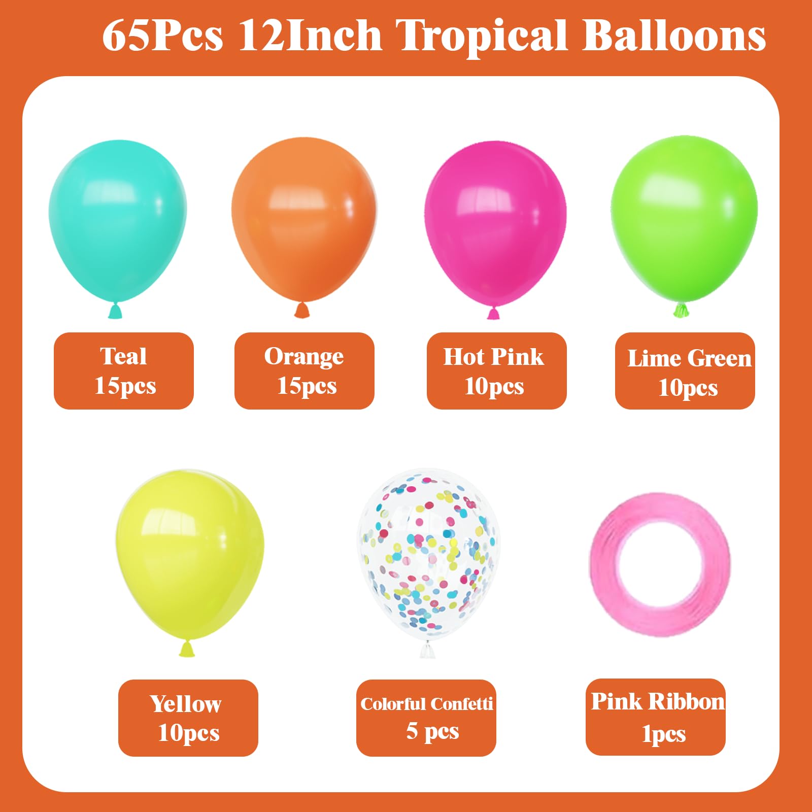 Tropical Hawaiian Balloons Set, 65Pcs 12In Summer Party Luna Balloons with Hot Pink Green Orange Yellow Teal Blue for Hawaiian Luau Summer Birthday Party Decorations
