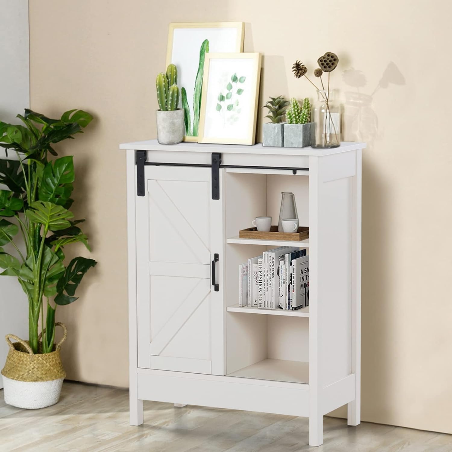 MAISON ARTS Bathroom Floor Storage Cabinet with Sliding Barn Door, Buffet & Sideboards Cabinets Farmhouse Storage Cabinet for Living Room, Kitchen, Bathroom, Bedroom, Creamy White