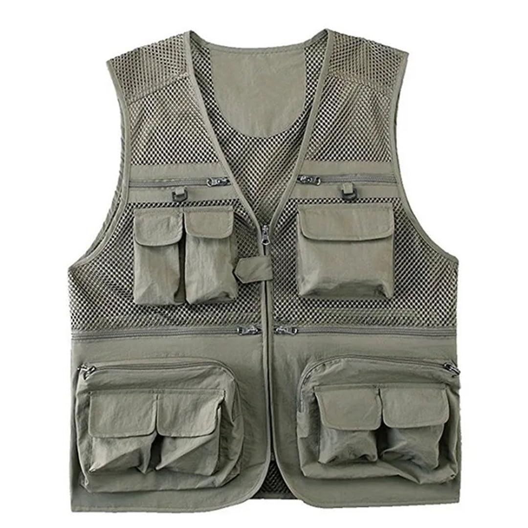 Chaleco táctico de pesca para hombre, con múltiples bolsillos, de malla, sin mangas