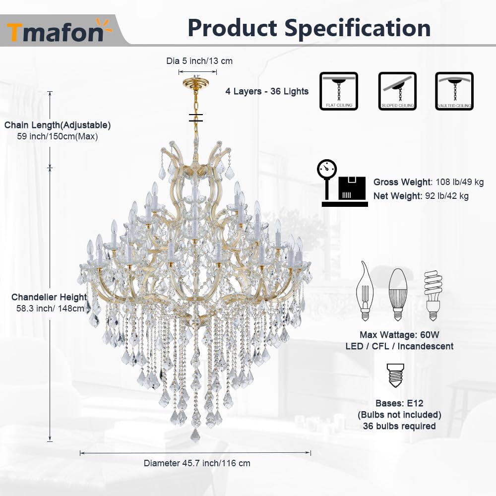 TMAFON Large Gold Chandelier Light Fixtures - 36 Lights, 4 Layers Modern Crystal Chandeliers for Hotel, Lobby, Foyer, Entrance Hall, Staircase