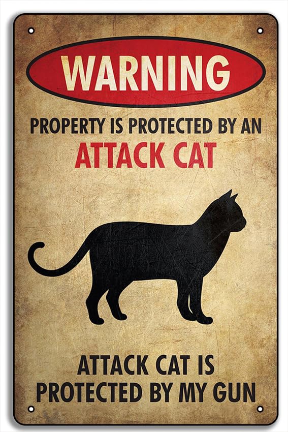 Beware Of Cat Funny Metal Sign, 8x12inches 'Property Protected By Attack Cat' Decor, Gift For Cat Owners, Weathered Vintage Design