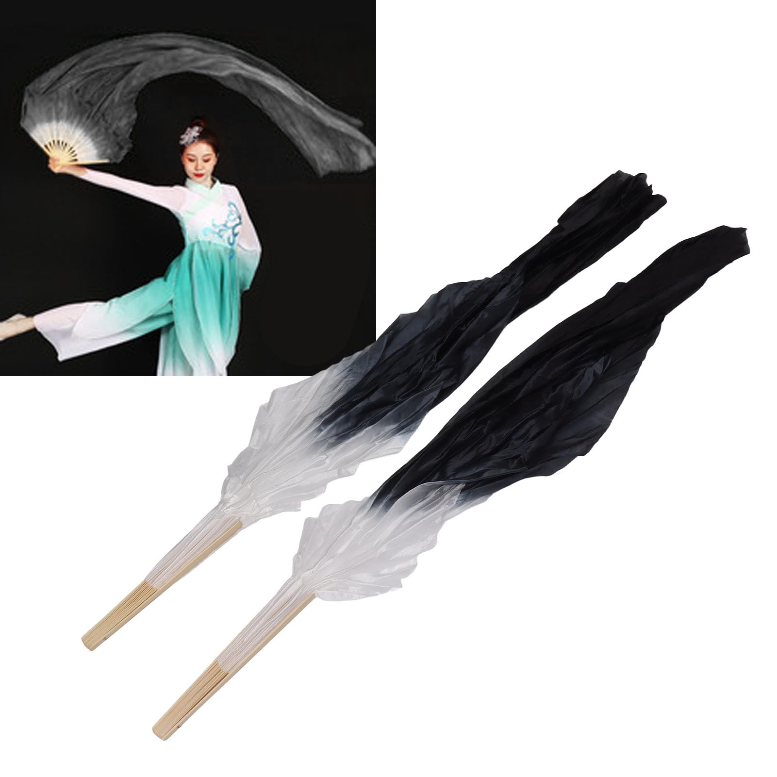 Pwshymi Classical Long Dance Fan Soft Textured 16 Bone Design 1 Pair, 1.5m Easy Viewing with Traditional Color Matching, for Belly Dance Performance Learning (Gray and Black), Pwshymifx4o3qvbhk-12