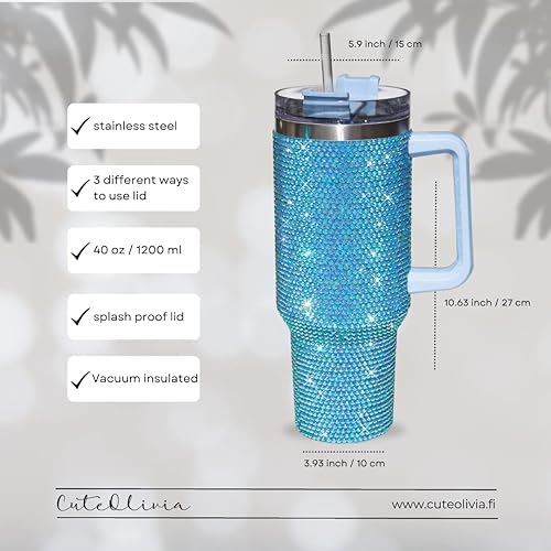 Miniatura 6 de Vaso de 40 onzas con incrustaciones de diamantes de imitación con asa, pajita y tapa, botella de agua aislada de acero inoxidable de doble capa para