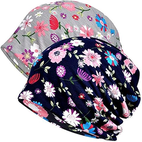 WELROG Chemo Hat Women Beanie Hat Lace Head Scarf Super Soft Slouchy Turban Headwear Head Wraps (Navy Blue/Gray #3) Cover