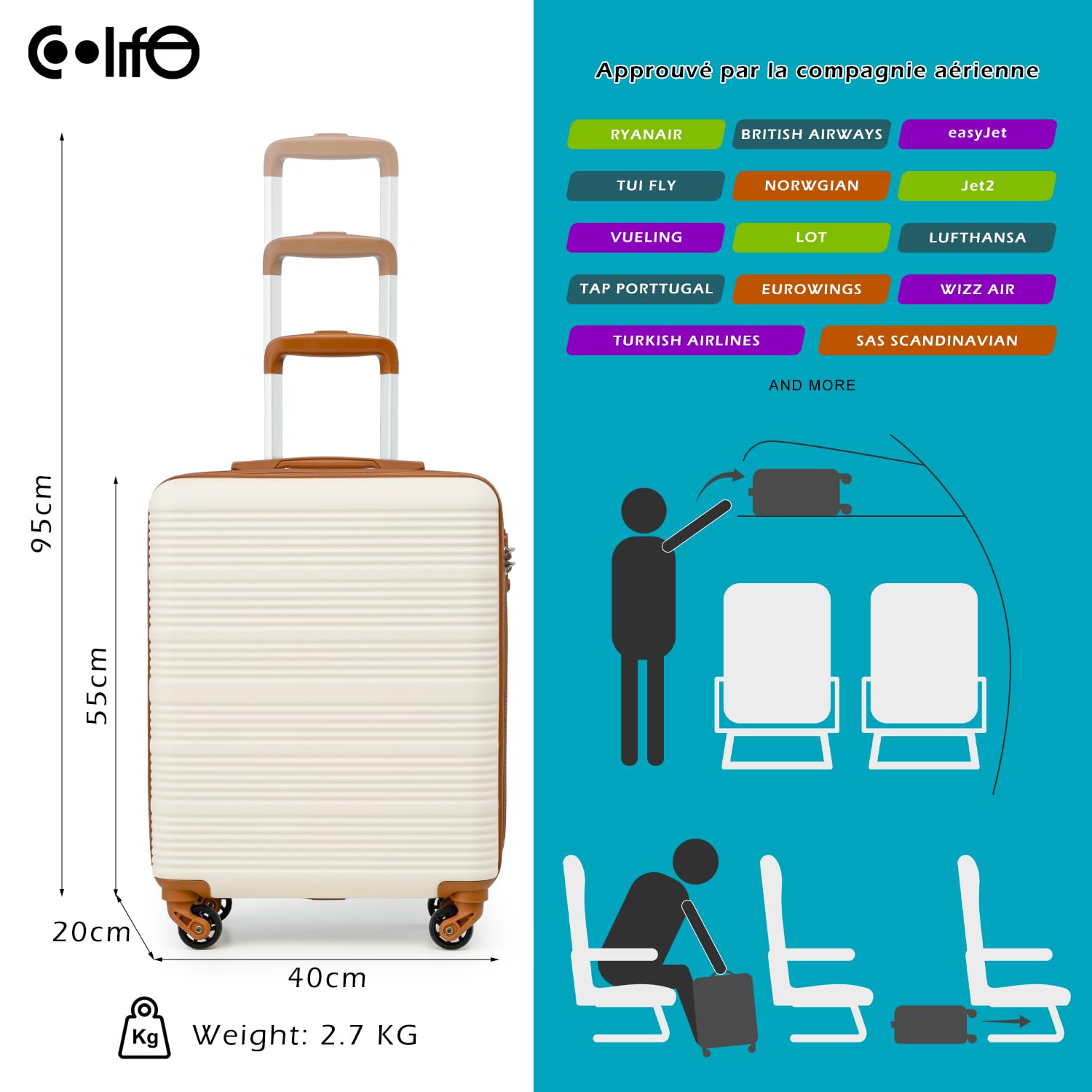 COOLIFE Valise Cabine 55x40x20 Easyjet Bagage Cabine Coque Rigide ABS Serrure TSA 4 Roues Pivotantes 360° Blanc Marron