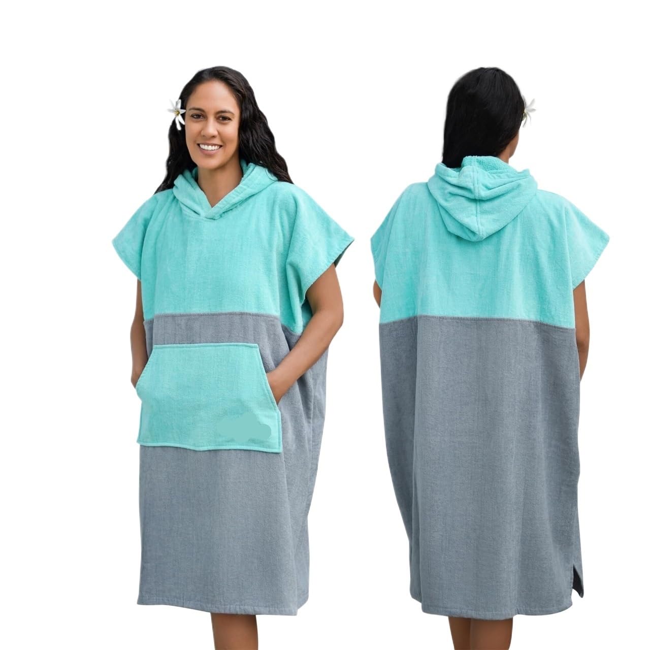Generico Accappatoio Poncho Poncho Da Surf Donna - Asciugamano Con Cappuccio For Adulti For Cambio In Cotone Telo Mare Spiaggia, Piscina, Barca(Turquoise/Gray)