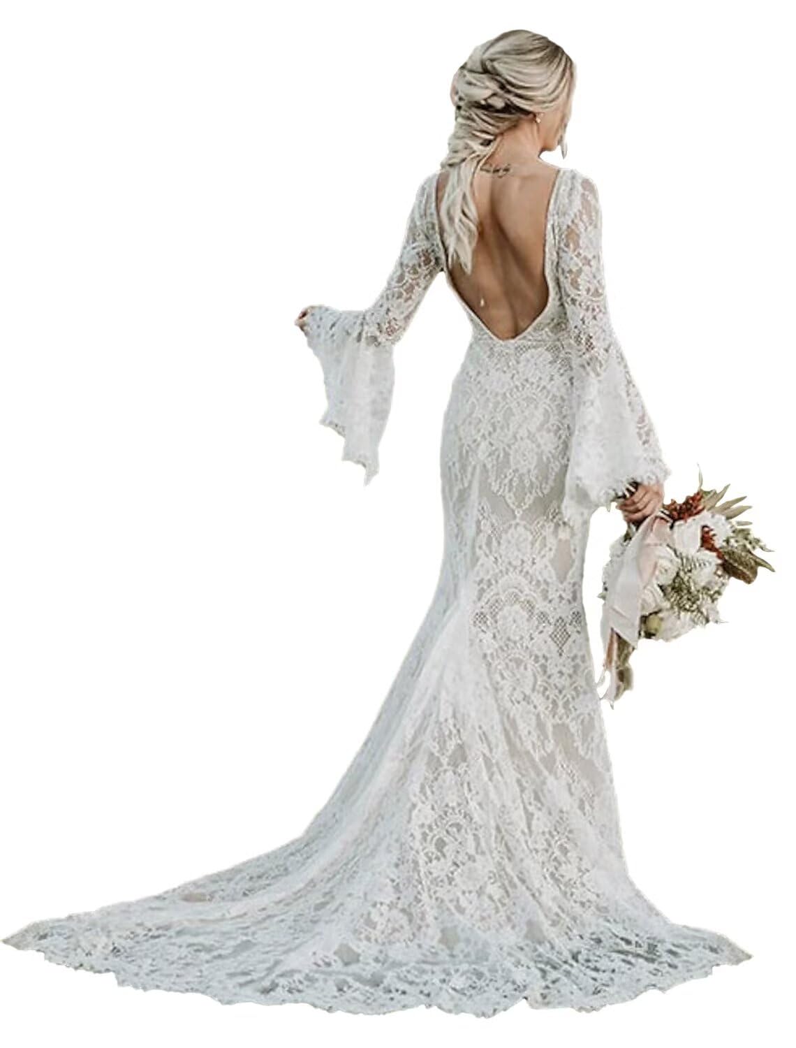 Long Sleeve V Neck Mermaid Wedding Dresses for Bride 2025 Empire Waist Lace Boho Bridal Gowns SF073
