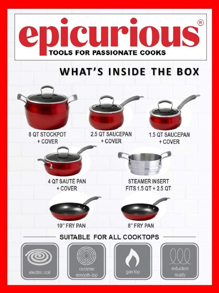 Get Discount Offer Epicurious Cookware Classic Collection- Induction Dishwasher Safe Oven Safe Non-stick, 11 Piece Aluminum Red Cookware Set Creative Product Epicurious Cookware Classic Collection- Induction Dishwasher Safe Oven Safe Non-stick, 11 Piece Aluminum Red Cookware Set