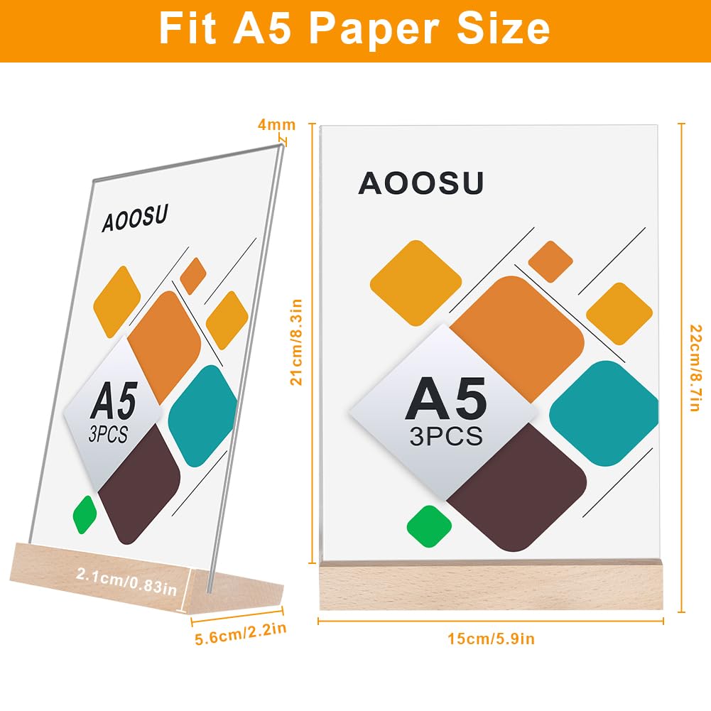 Lot de 3 Présentoirs de Table, Porte-Affiches en Acrylique A5 Support pour Menu,Porte Menu avec Base en Bois, Acrylique Transparent Plexi A5 pour Restaurant Hôtel école Bureau Conférence-L
