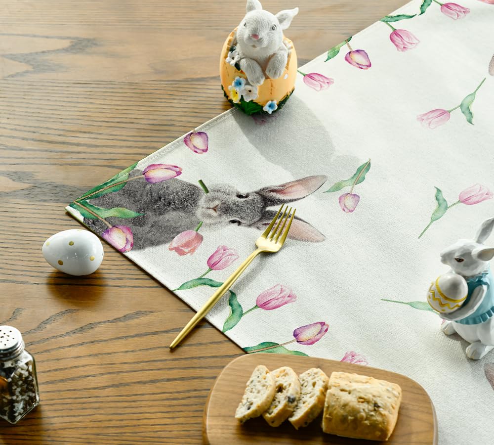Chemin De Table Pâques - Motif Lapin Carottes - 40x140 Cm - Décoration Printanière Pour Table