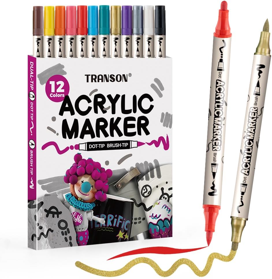 TRANSON Acrylic Paint Marker Set with Dots and Brush, Double Tip for Canvas, Stone, Wood, Leather, Ceramic, DIY Painting