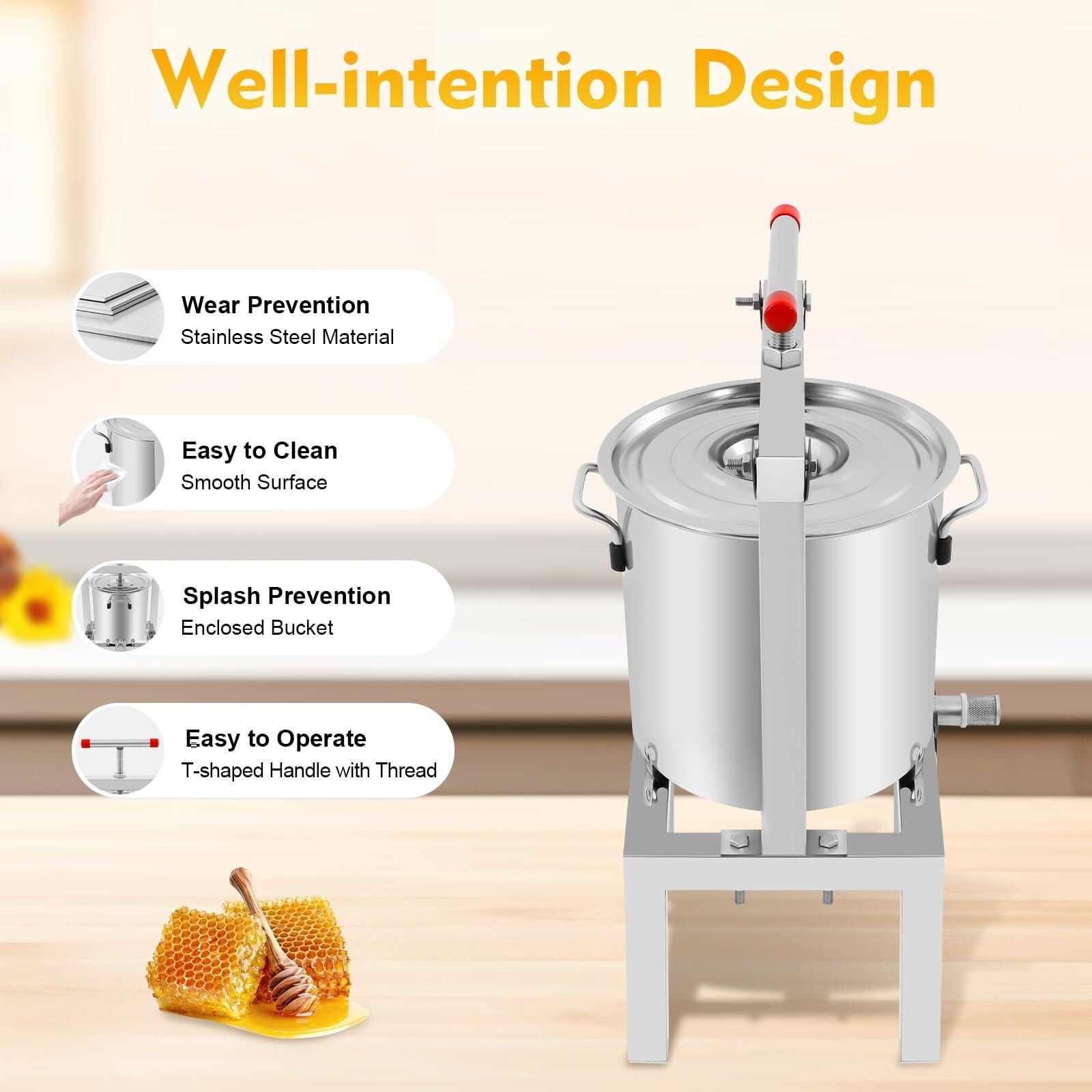 Questa pressa per Miele da 10 Litri, pressa per Sidro in Acciaio Inossidabile con Filtro, pressa Manuale per Frutta e Vino, 2 Maniglie a T, Sistema Anti-Schizzo per Miele e Frutta Fai da Te
