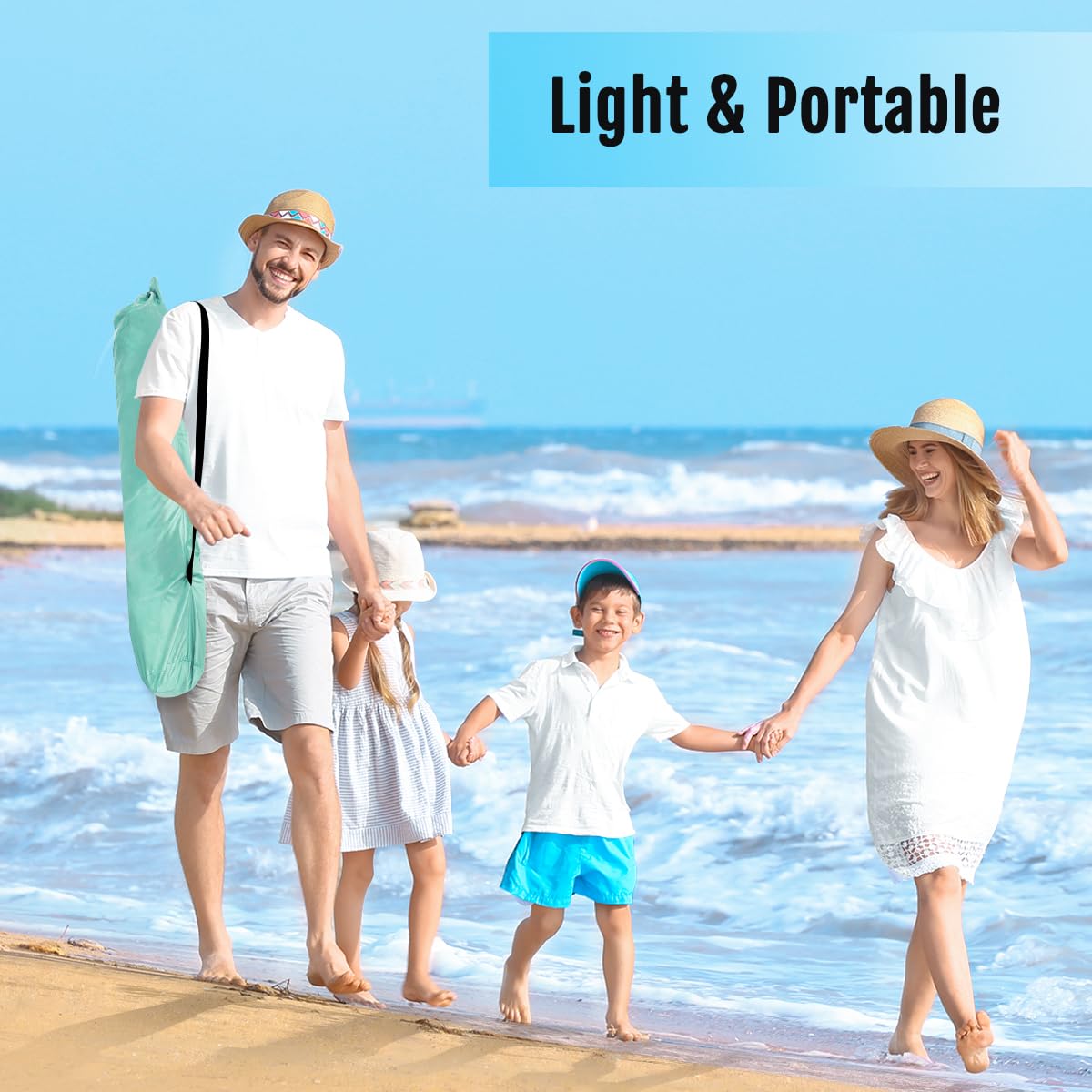 WhiteFang Deluxe Tente de plage pop up pour 3-4/5-6 personnes, protection UV, sol extensible, avec 3 fenêtres en maille aérée, Sac de transport, piquets et haubans inclus