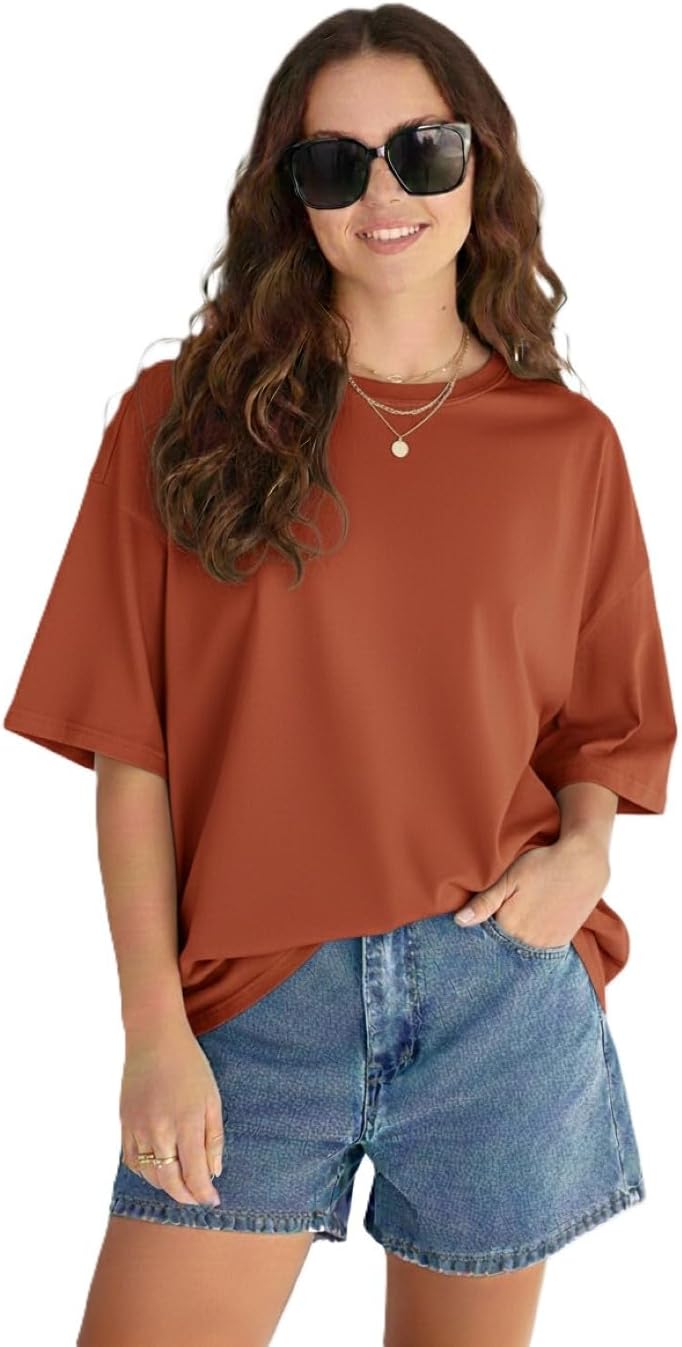 Women's Casual Solid Round Neck Oversized Longline Drop Shoulder T-Shirt