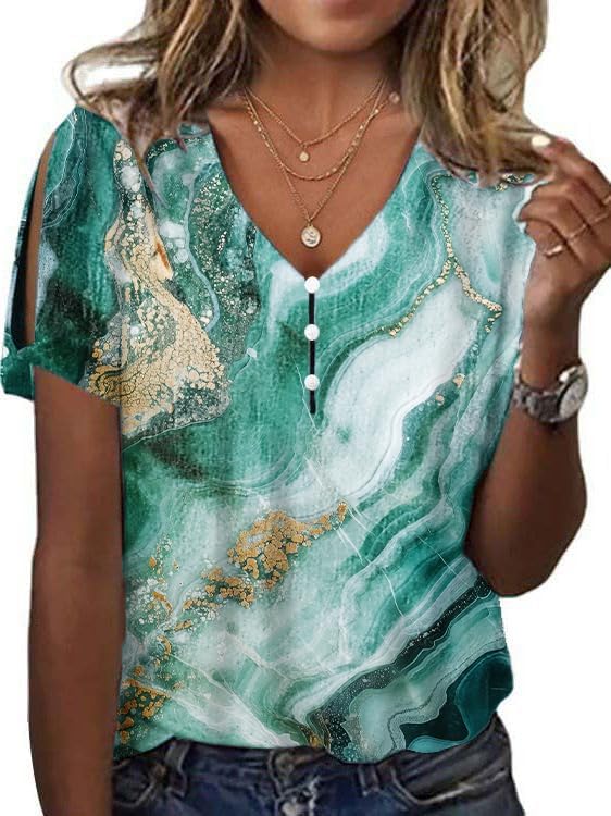 Cold Shoulder Tops for Women 2024 Marble Printing V Neck Fashion Novelty Fit Camping Tee Off The Shoulder Tops for Women