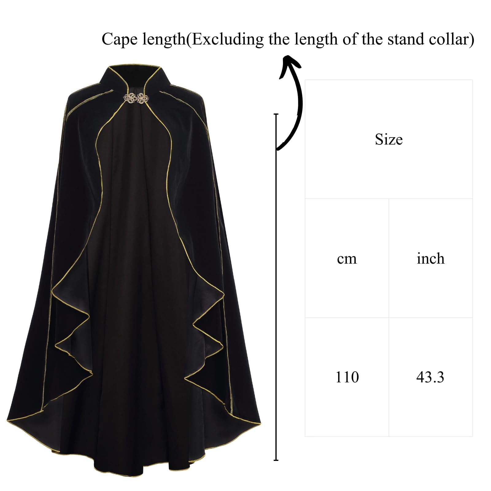 RRCBMD Womens Medieval Cloak Renaissance Victorian Deluxe Stand Collar Velvet Gold Trim Black Cape for Adult Halloween Cosplay Dress Up 43.3Inch - Image 3