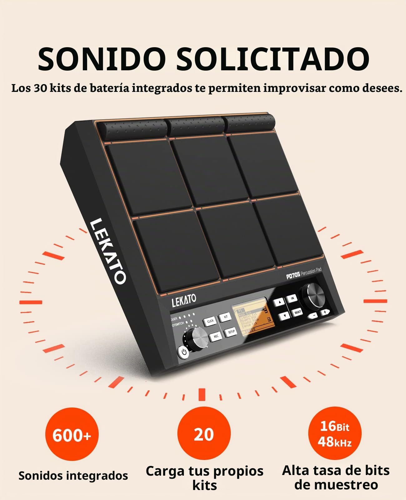 Drum Sample Pad, LEKATO Electric Drum Set Pad con 9 pads de batería sensibles a la velocidad, 30 kits de batería incorporados, multipad de pads de percusión con salida MIDI, USB MIDI, looper