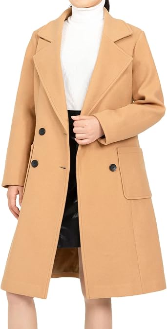 womens Notch Lapel Double Breasted Wool Blend Peacoat Mid-Long Fall Winter Essential Trench Coat