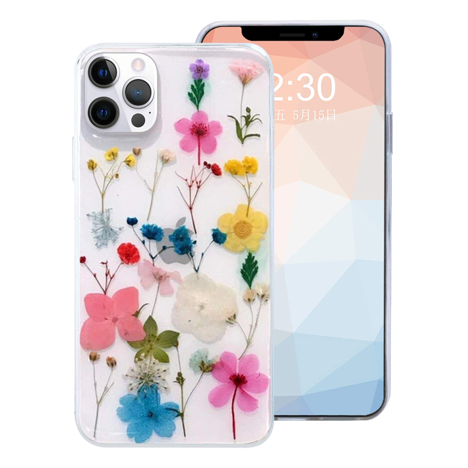 Omorro Compatible with iPhone 15 Pro Flower Girly Case, Girls Floral Design Pressed Dry Real Flowers Slim Cover Case Silicone TPU Rubber Romantic Cute Protective Clear Case for Women Girls Kids Red