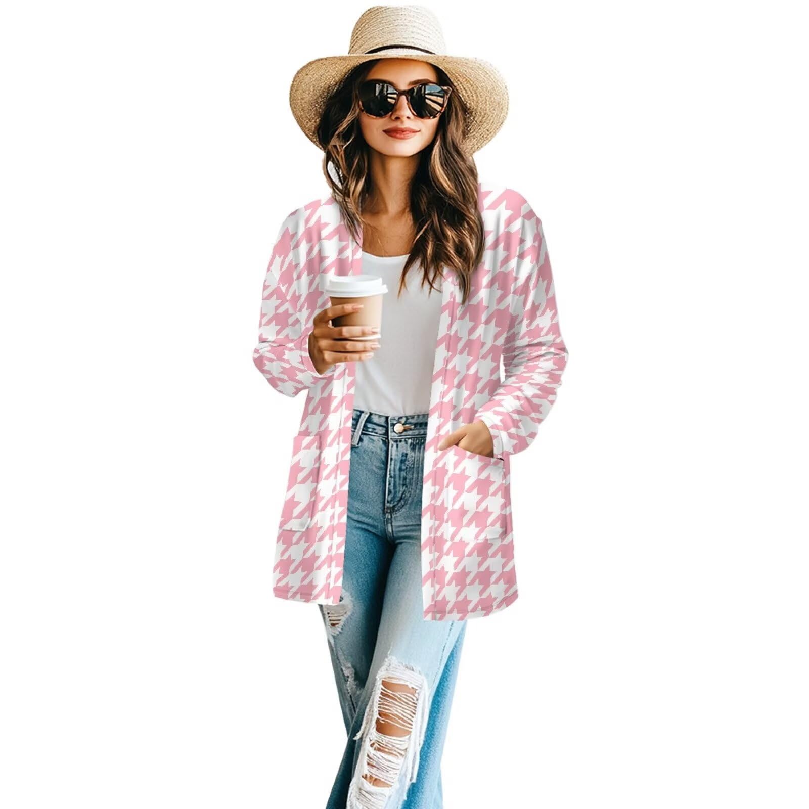 Women's Aztec Open-Front Jacket Lightweight Casual Outerwear Native Western Aztec Pattern &amp; Plaid Houndstooth Print