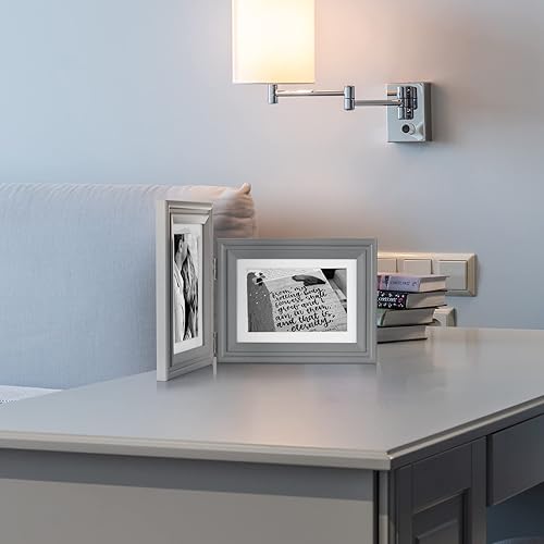 Miniatura 6 de Marco de fotos doble de madera con bisagras de 5 x 7 pulgadas vertical y horizontal en gris, pantalla de 4 x 6 pulgadas con paspartú o 5 x 7