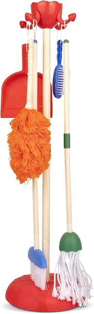 Playkidiz Role Play, 6Pcs, Kids Cleaning Set Includes Mop, Brush, Broom, Dustpan, And Organizer Stand, Play Helper Realistic Housekeeping Set, Toddler Cleaning Set, Recommended For Ages 3