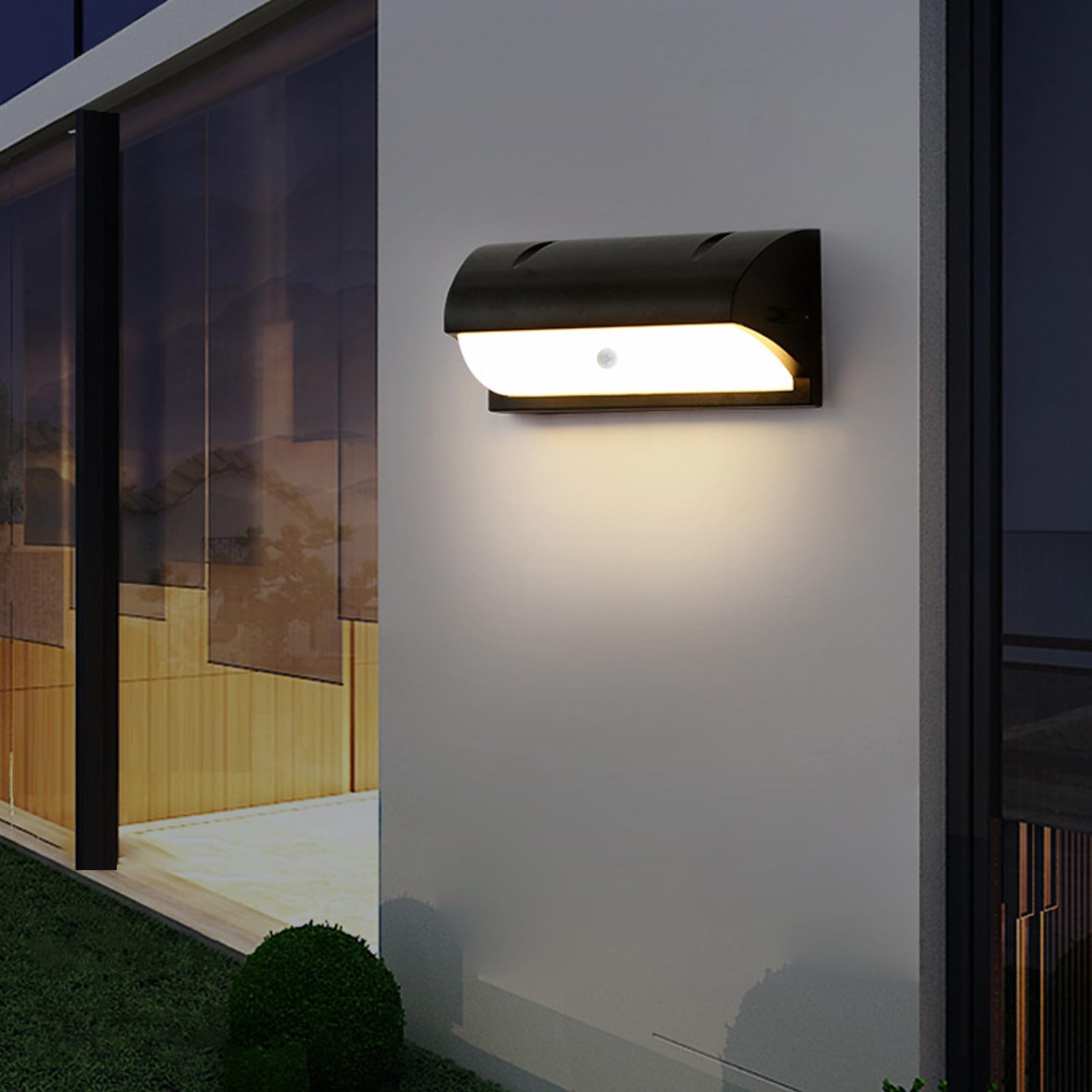 Nowoczesna czarna lampa ścienna LED z czujnikiem ruchu, wodoodporna aluminiowa lampa ścienna do ogrodu IP65 na ganek, patio, taras