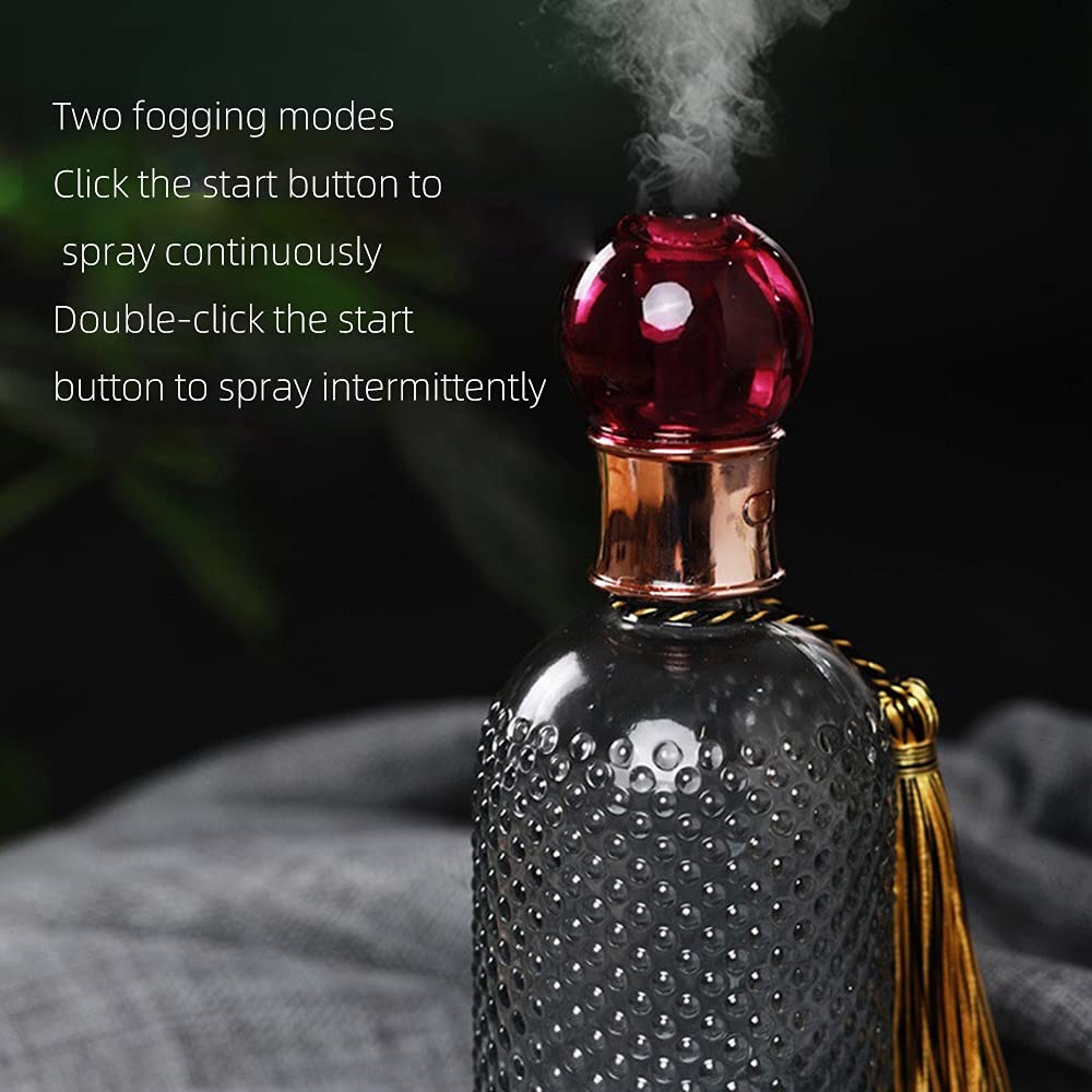 BcofoA Creative Mini Perfume Glass Bottle humidifier, Suitable for Family, Bedroom, Office, Baby Room, car. 400ml Portable humidifier, 2 Fog Modes, ultrasonic Atomization