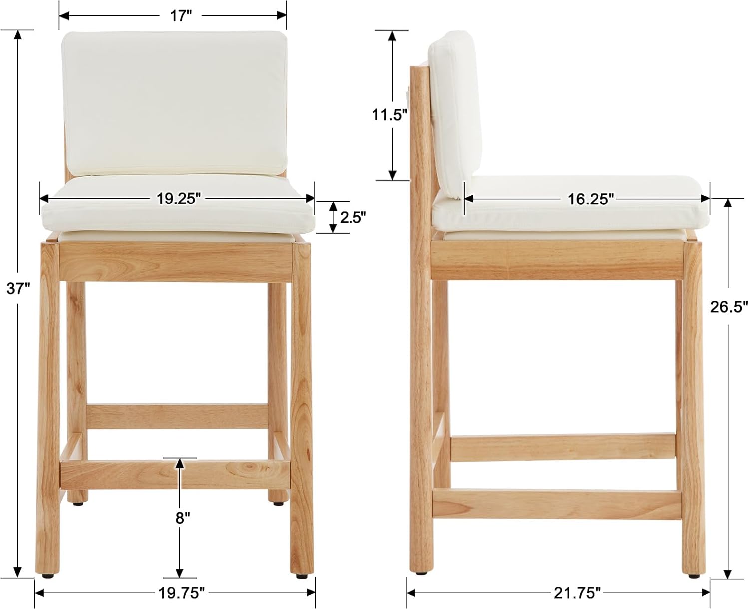 EALSON Counter Height Bar Stools Set of 2 Farmhouse Barstoos with Back Mid Century Modern Counter Stools with Natural Wood Legs Upholstered Leather Bar Charis for Kitchen Island/Pub, White