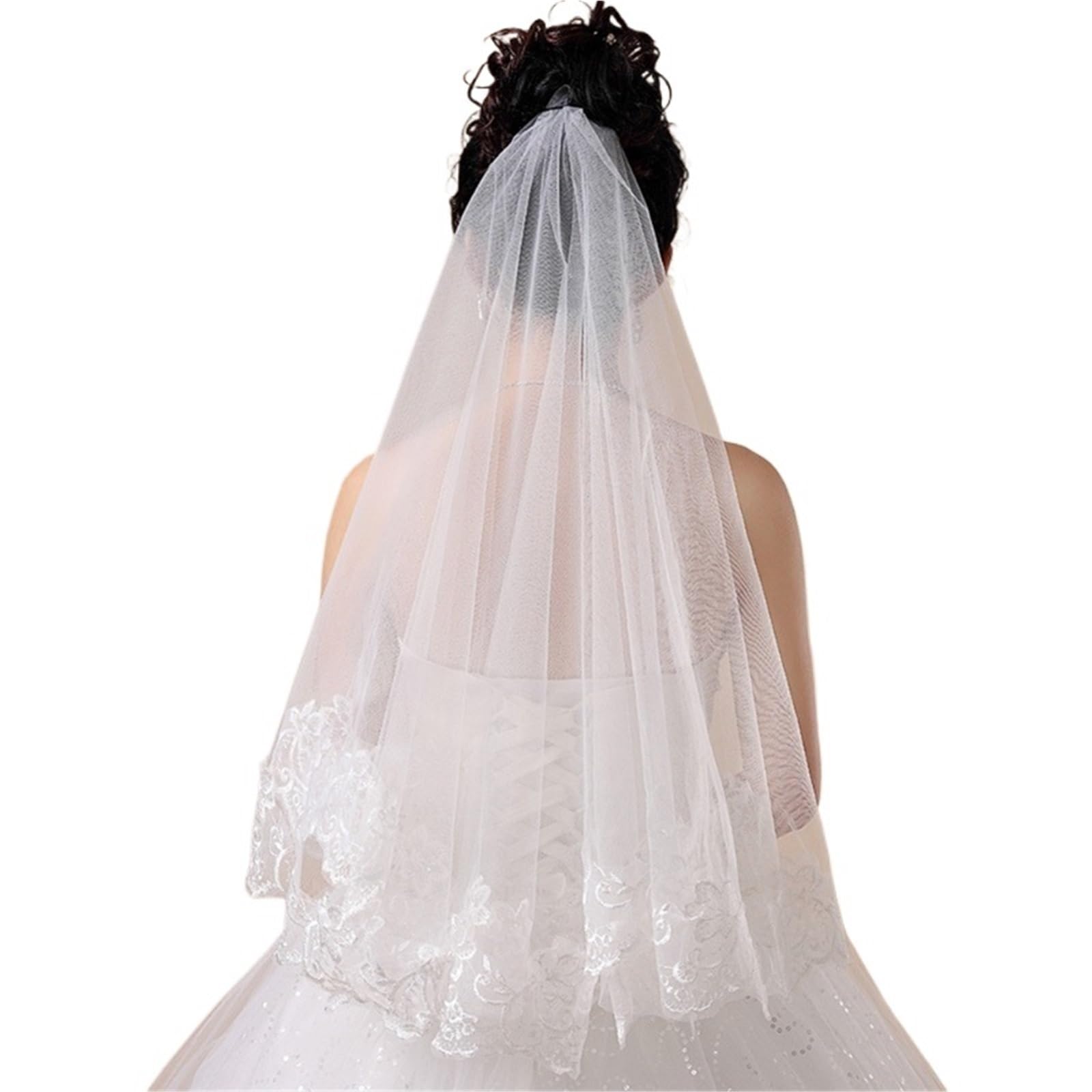 Veli, Veli da Sposa da Donna, Velo da Sposa Corto Bianco, Uno Strato, Pizzo, Bordo con Fiori, Applicazioni