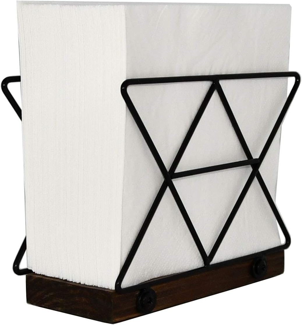 OwlGift Modern Black Geometric Triangle Metal Wire w/Brown Wood Tabletop Upright Napkin Holder