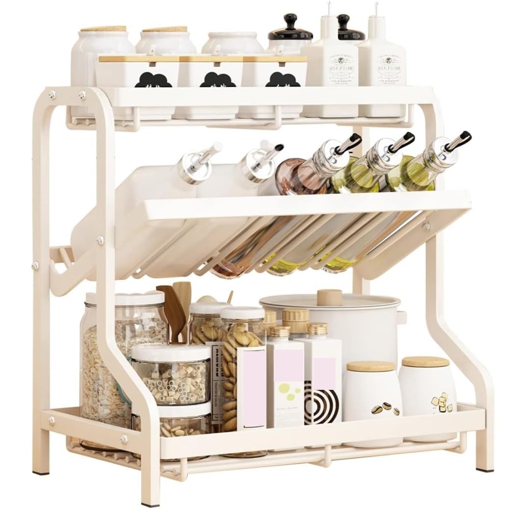 HADECOLL Kitchen Storage Rack 3-Tier Spice Rack Organizer Kitchen Countertop Storage Rack Shelves Seasoning Bottle Stand Spice Jars Holder Kitchen Cabinet Storage,White