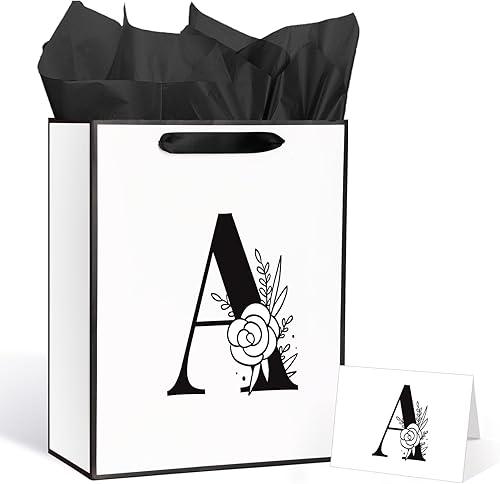 Miniatura 1 de Bolsa de regalo de cumpleaños con letra A con monograma inicial con tarjeta de agradecimiento y papel de regalo para mujeres y hombres, bolsa de