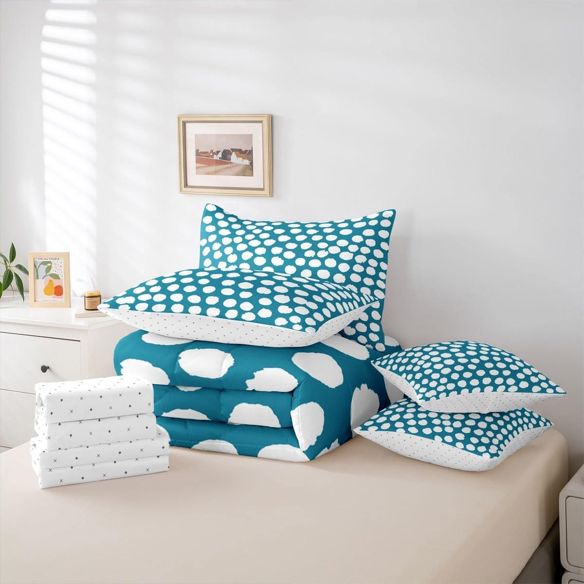 Turquoise Polka Dot Queen Comforter Set Minimalists Boho Modern Bed in a Bag with Flat and Fitted Sheet Watercolor Aesthetic 7-Piece Bedding Set Graffiti Geometric Abstract Quilt Duvet Sets