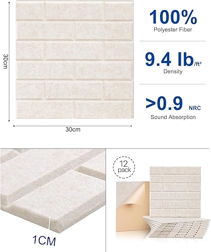 Miniatura 5 de Soundsbay Paneles de pared acústicos, paneles acústicos autoadhesivos, paquete de 12 paneles de pared insonorizados de ladrillo de alta densidad,