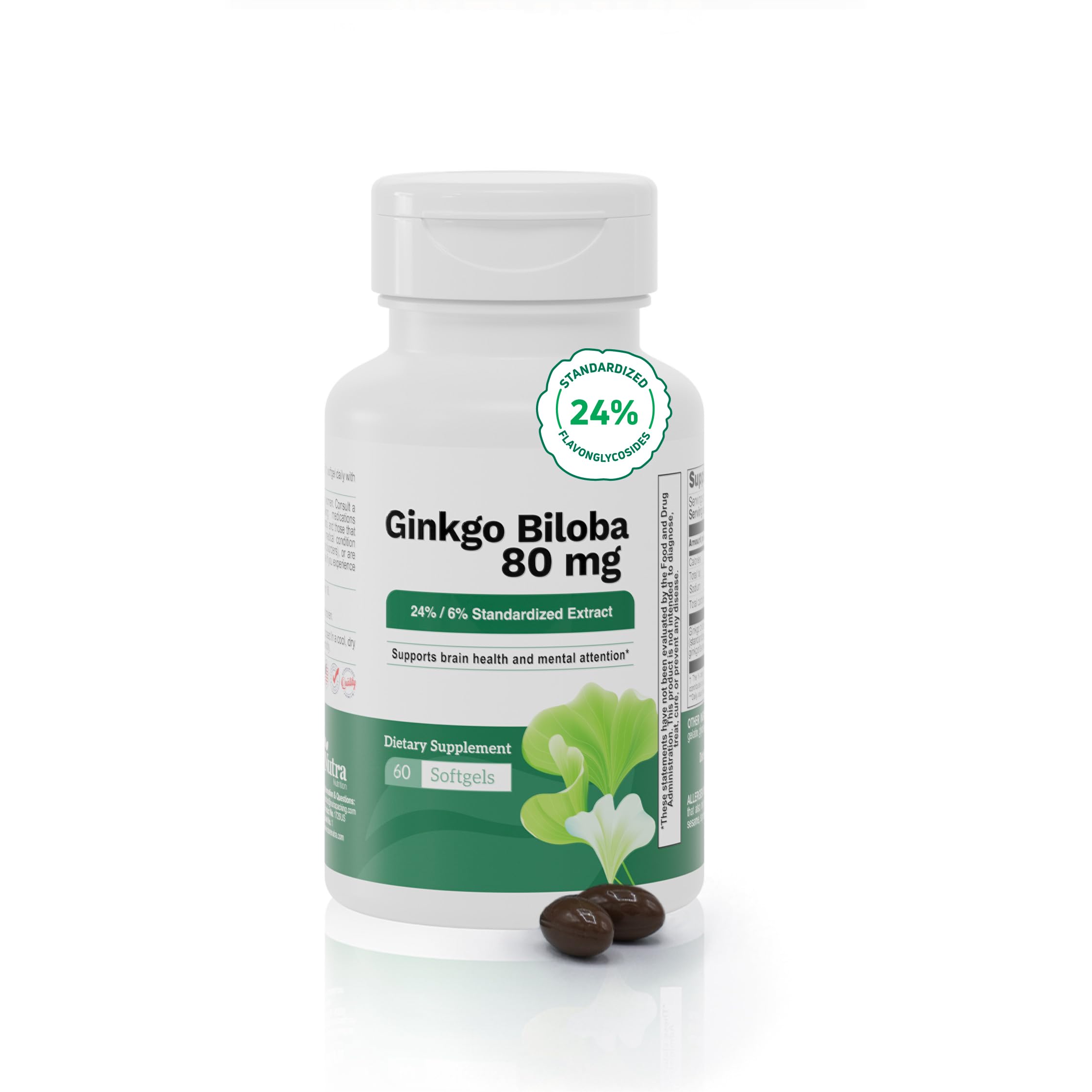 Ginkgo Biloba Supplement 80 mg Supports Cognitive Function Brain Health Memory Non-GMO Gluten-Free Ginkgo Biloba Extract 60